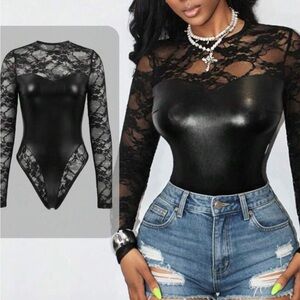 SHEIN Black Lace and Faux Leather Bodysuit